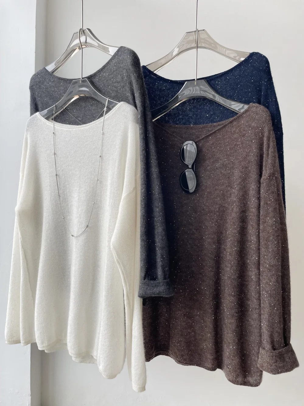 Women Wool Cashmere Silk Blending Pullovers Knitted Sequins Beading Pullovers Womens Autumn Cardigans Tops Fashion Sweater