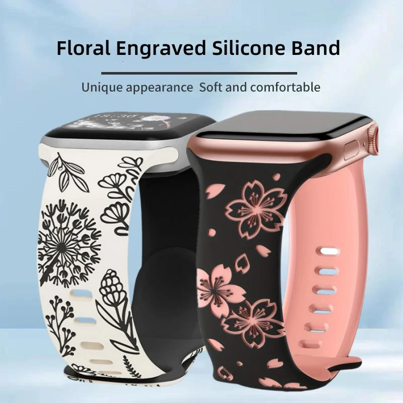 Силиконовый ремешок с гравировкой для Apple Watch Series 10 9 8 7 SE 6 5 4 Браслет с цветочным принтом для Iwatch 46 мм 42 41 45 40 44 38 Ultra 2 49 мм