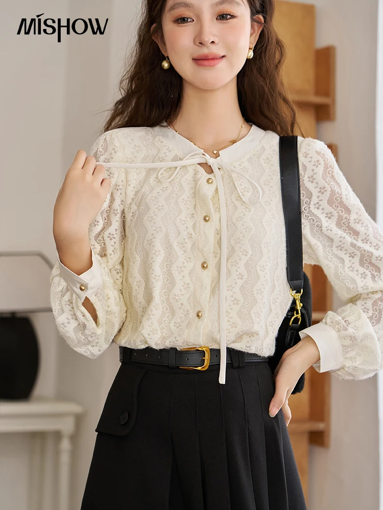 MISHOW French Bow Lace Blouse for Women 2023 Winter Autumn Fashion Button Up Long Sleeve Shirts & Blouses Top Female MXC53C0128