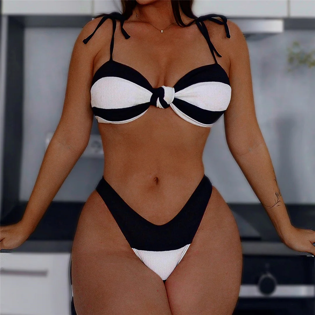 Geknoteter Bikini mit hohem Beinausschnitt, Damen-Badeanzug, zweiteiliges Bikini-Set, gepolsterter Badeanzug, Badebekleidung, Schwimmanzug V6712 – Detail 4