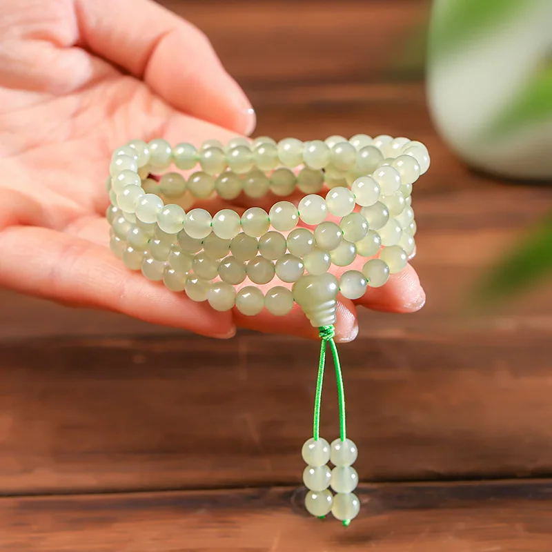 

Natural Ice Clear Hetian Jade 108 Beads Bracelet & Necklace Buddhist Prayer Gifts
