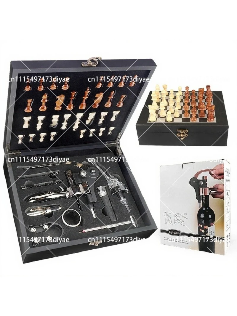 Chess Wine Set with Rabbit Head Bottle Opener, Eagle Beak Pourer, Chessboard Storage Box