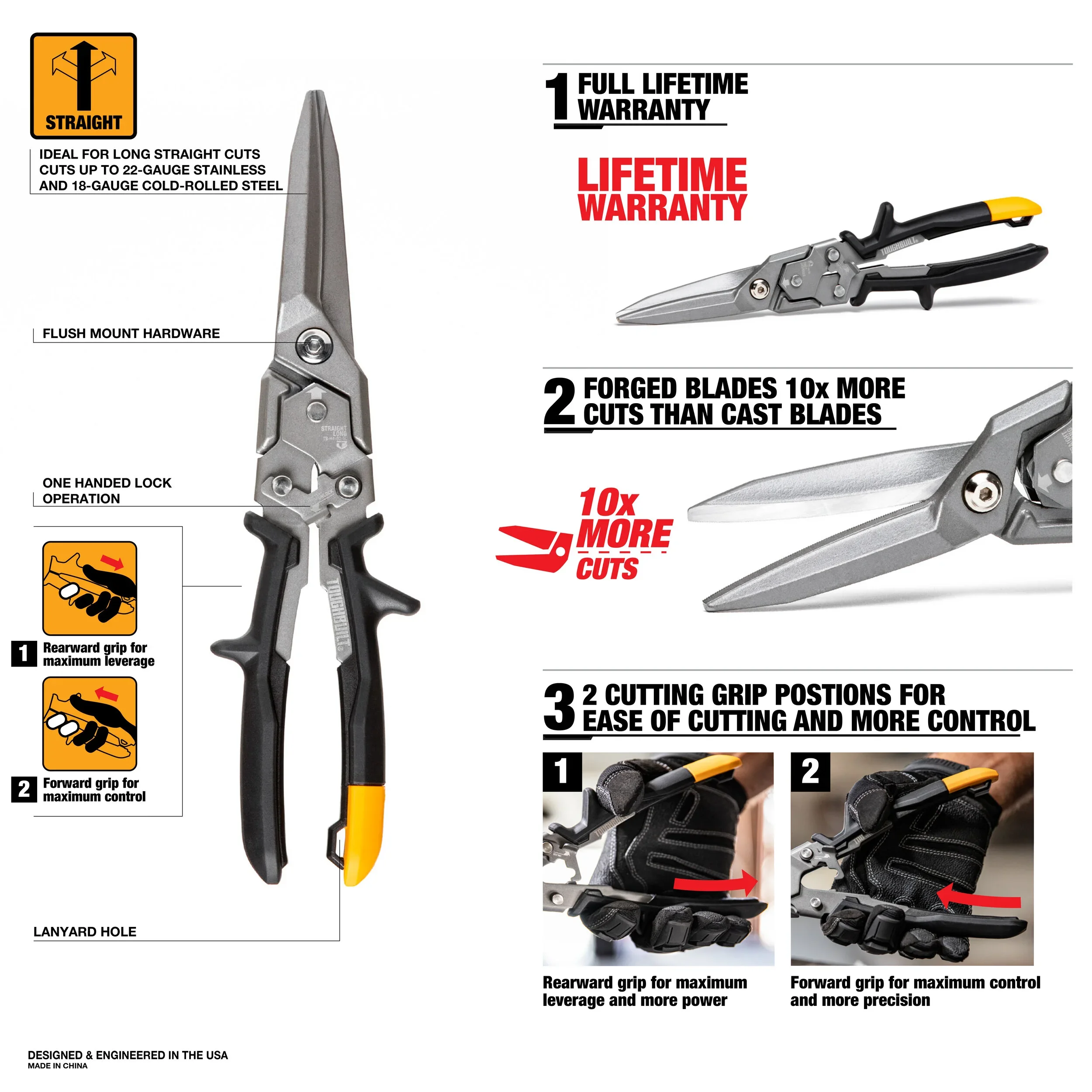 TOUGHBUILT TB-H4-60-SL Straight Long Cut Aviation Snips, Forged Induction Hardened Blades, Heavy Duty Sheet Metal Cutting Tool
