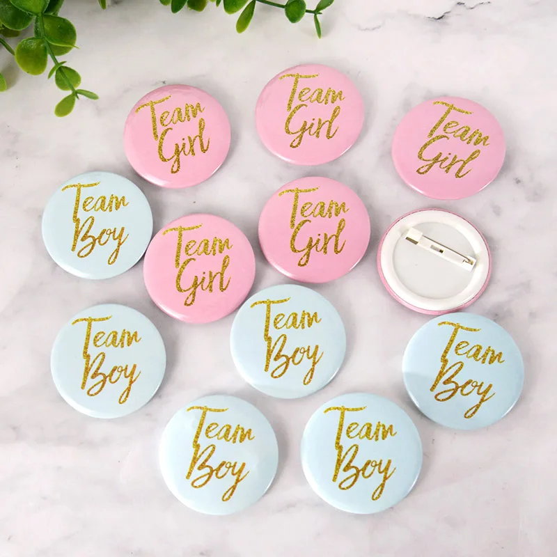 12/24Pcs Team Boy Girl Button Pins Gender Reveal Tinplate Badges Gift for Guests Gender Reveal Party Supplies Baby Shower Decor