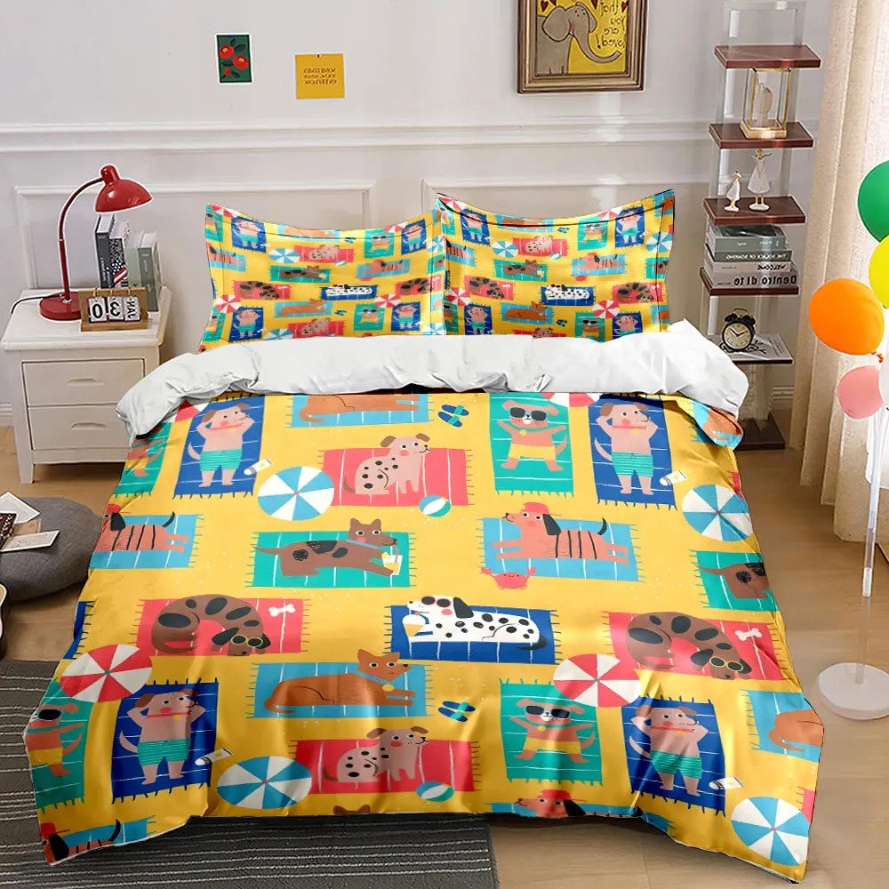 

Cute dogs relaxing on the beach Pattern Duvet Cover Set Digital Print Colorful Polyester Bedding with Zipper Closur for gifts