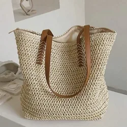 Summer Woven Shoulder Bag Women Beach Shoulder Bag Female Straw Knitted Handmade Large Capacity Handbag Purse Travel Tote Bags