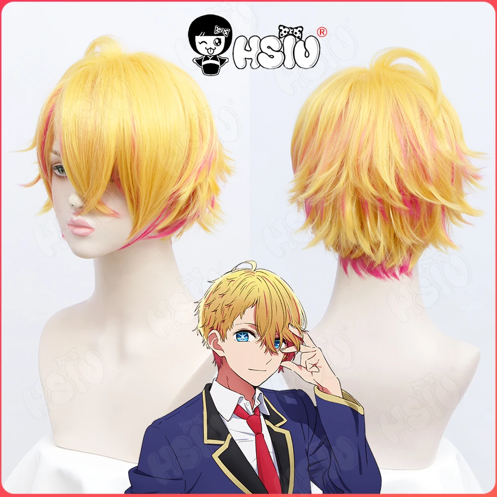 Oshi No Ko Cosplay Wig Hoshino Akuamarin Cosplay Wig HSIU Yellow mixed rose red short hair Synthetic Wig Hoshino Akuamarin Wig