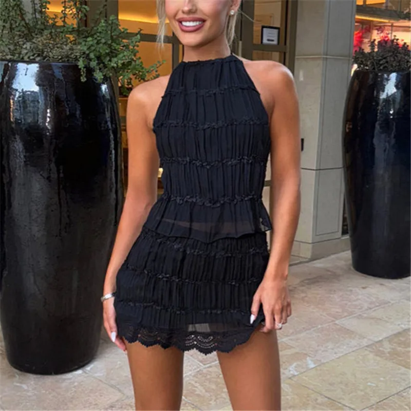 Two Piece Skirt Sets for Women Y2k Lace Sheer Mesh Ruched Halter Top Smocked Mini Skirt Summer Beach Matching Outfits view 4