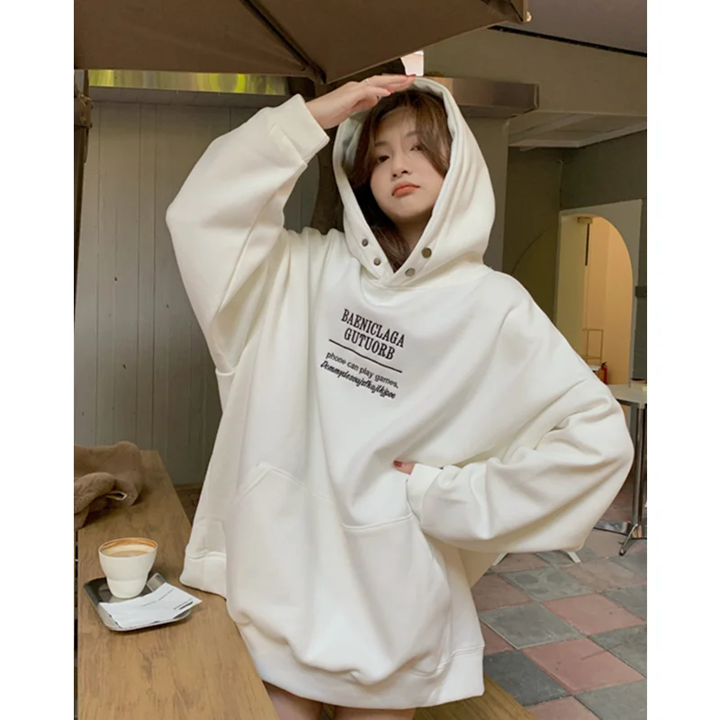 

Women White Hoodie Letter Print Sweatshirt Korean Fashion Hip Hop Oversized Leisure Fleece Thicken Winter New Tops Pullover