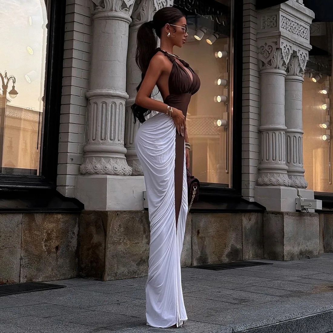 홀터 백리스 섹시 파티 클럽 Y2K 여성 맥시 스플릿 드레스 의상 바디콘 루치드 가을 겨울 민소매 V넥 롱 드레스