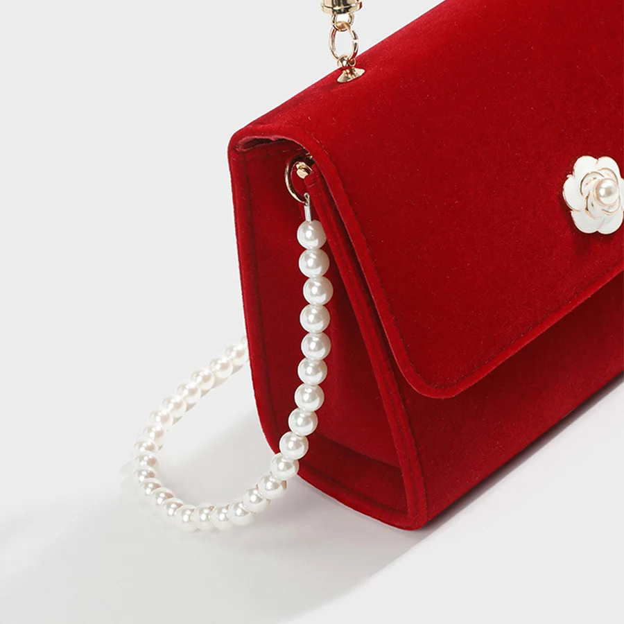 Velvet Red Totes Bag Wedding Party Dinner Bags Pleated Hand Pearl Chains Underarm Bag Red Bride Crossbody bag for Women Handbags