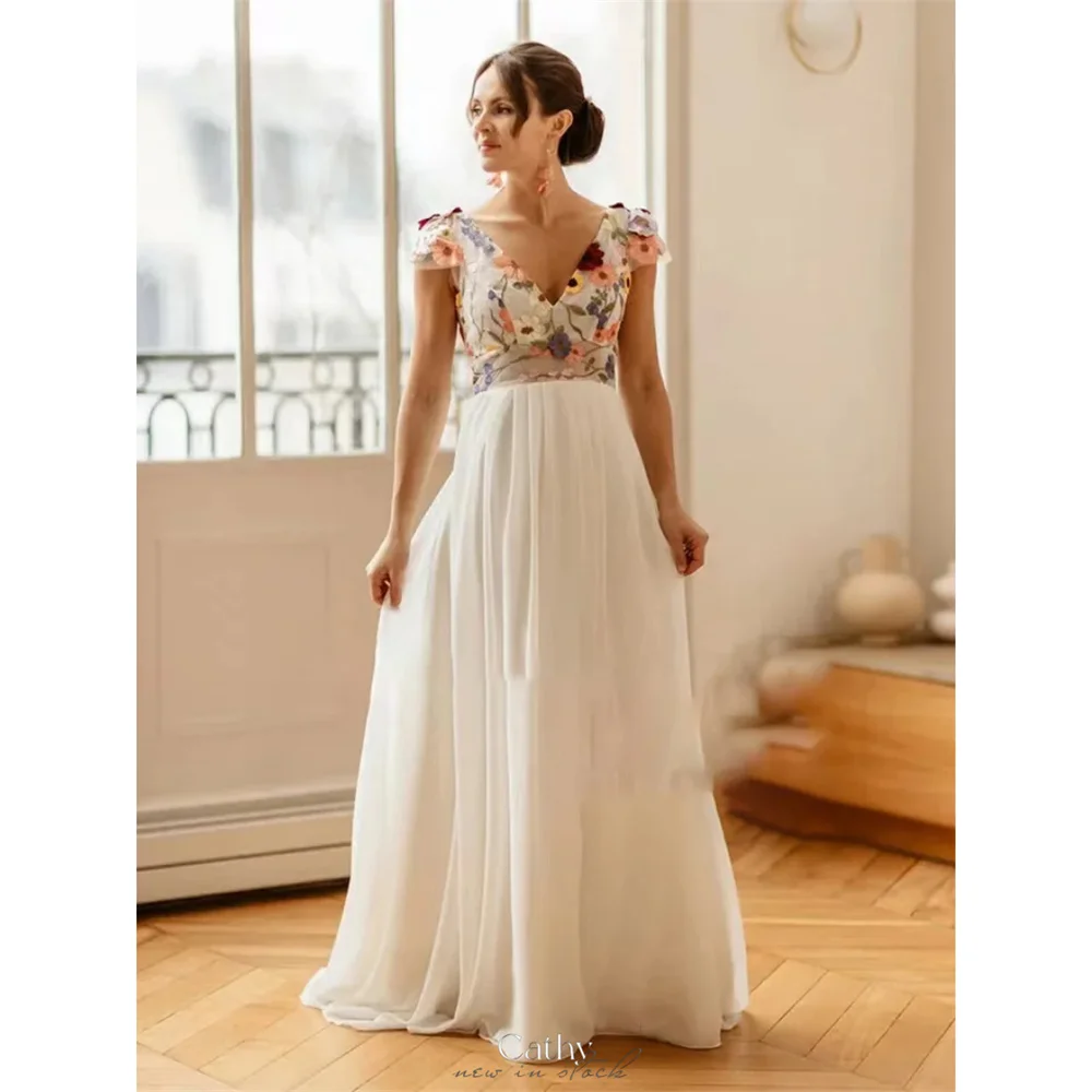 

Cathy White Chiffon Backless Wedding Dress Floor-Length Flowers Appliques vestidos de noiva Sleeveless Evening Dresses 2024