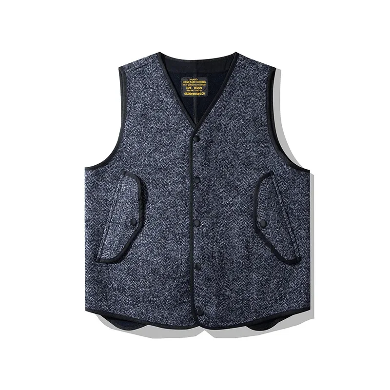 OKONKWO AMEKAJI British Style Coarse Flower Wool Vest Thick V-neck Warm Plush Waistcoat Outdoor Trekking Camping Travel Clothes