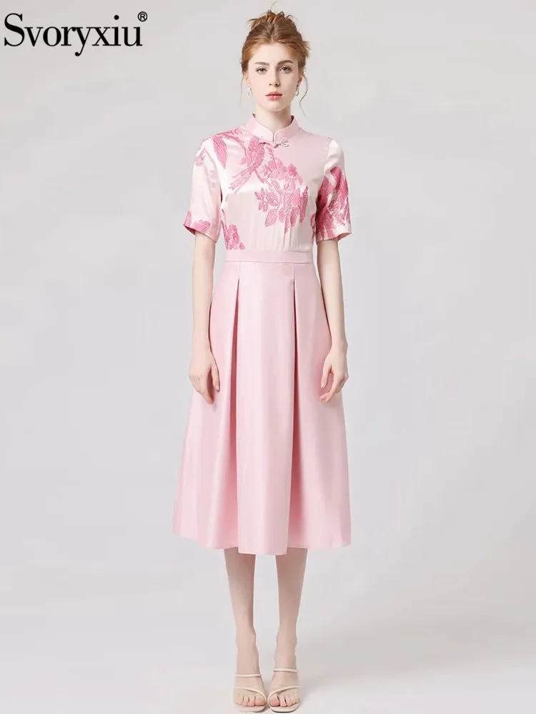 

Svoryxiu Runway Fashion Summer Party Elegant A-Line Knee-Length Dress Women's Stand Collar Short Sleeve Embroidery Long Dress