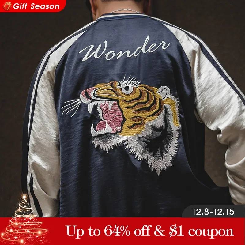 Maden Workwear American Retro Reversible Yokosuka Jacket Tiger Embroidered Iron-Free Drape Jacket Men\'s Trendy Reversible