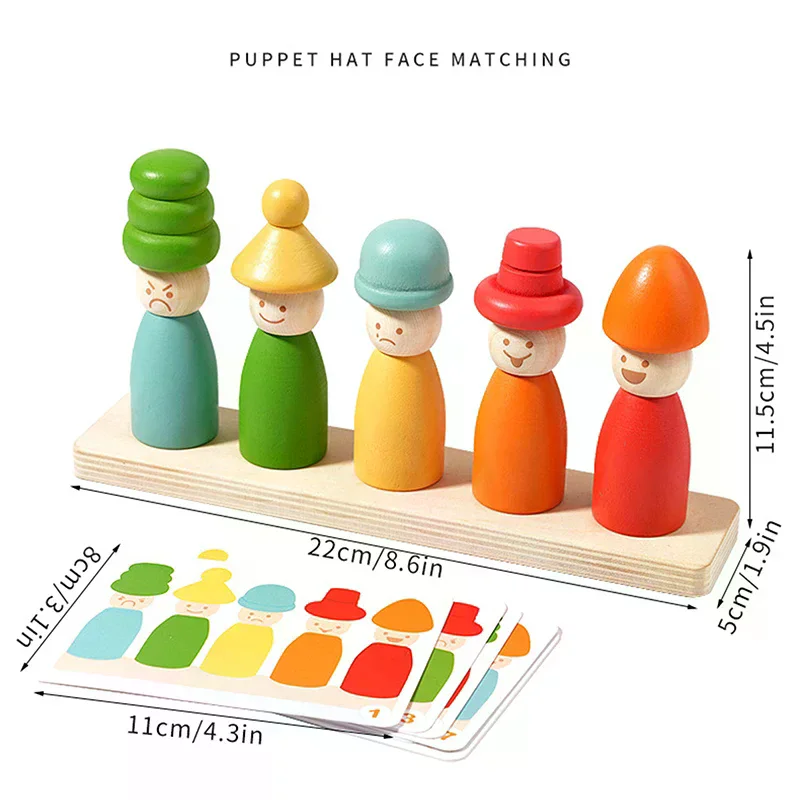 Jouets de tri des couleurs Montessoris jouets d'apprentissage précoce en bois motricité Fine chapeau de marionnette Match de visage jouets empilables créatifs pour enfant
