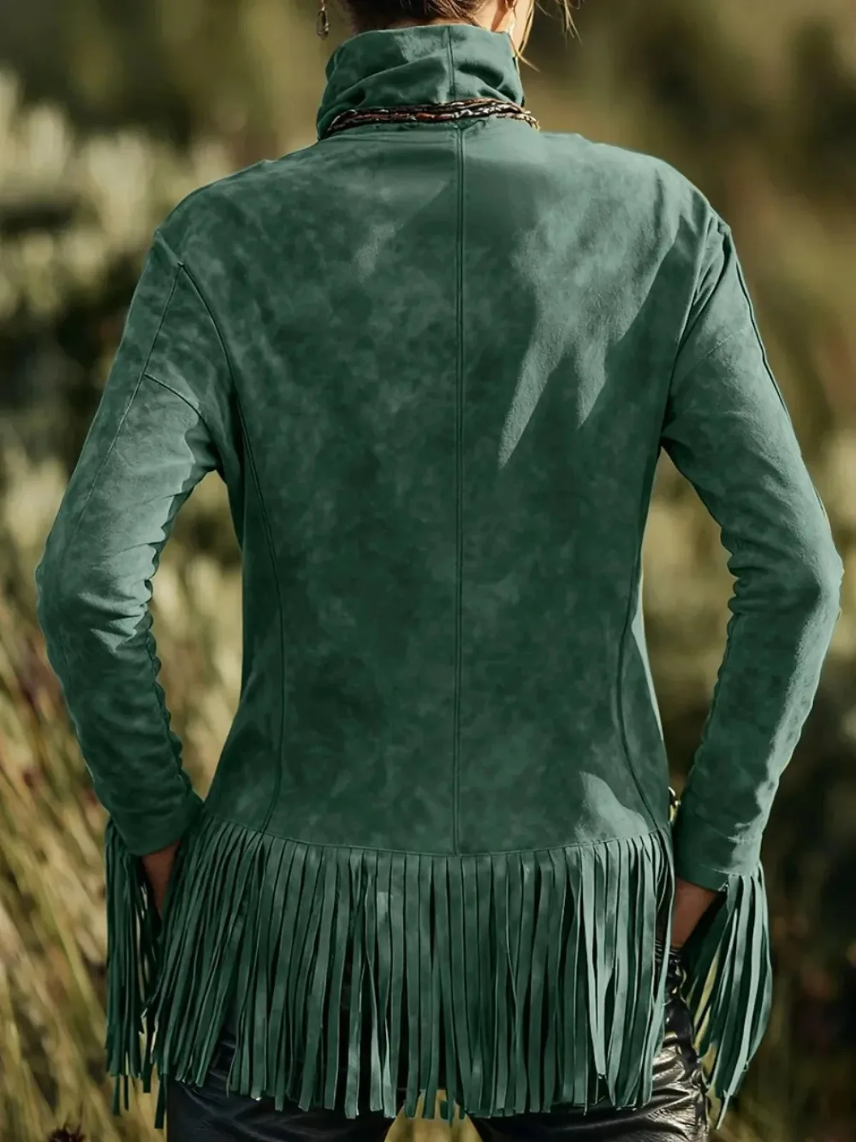 Women's Dark Green Faux Suede Top Turtleneck Long Sleeve Fringe Hem Loose Vintage Western Country Casual Pullover Blouse