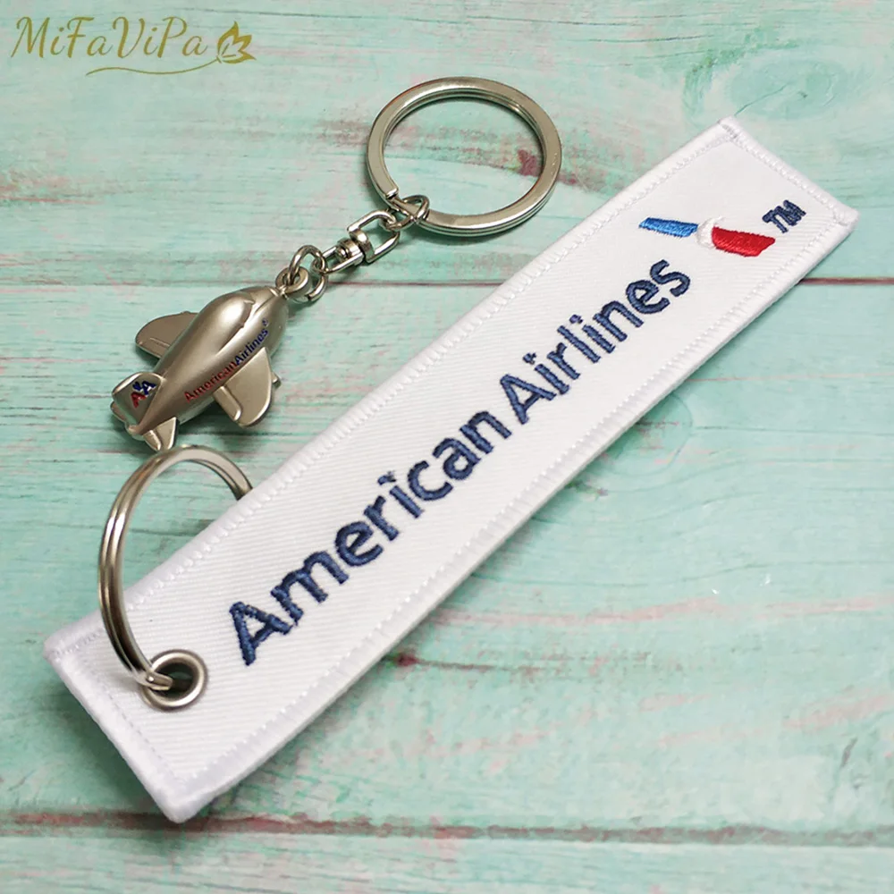 MiFaViPa 2 PC Embroidery American Airlines Keychain+Metal Keyring for Women Porte Clef Fashion Key Chain Keychain Sleutelhanger