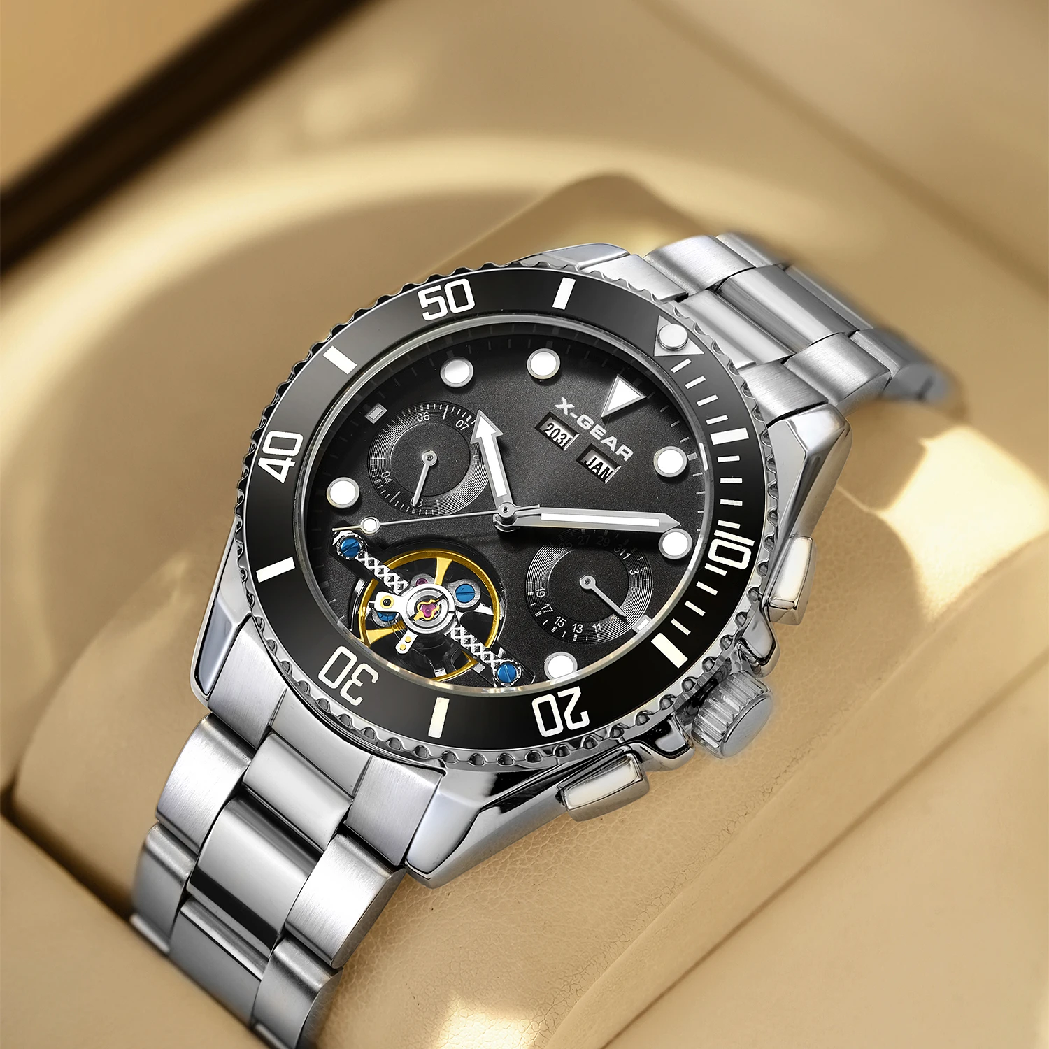 ساعة X-GEAR للرجال ميكانيكية خضراء عصرية من الفولاذ المقاوم للصدأ مقاومة للماء ومضيئة ومتعددة الوظائف توربيون أوتوماتيكي فاخر