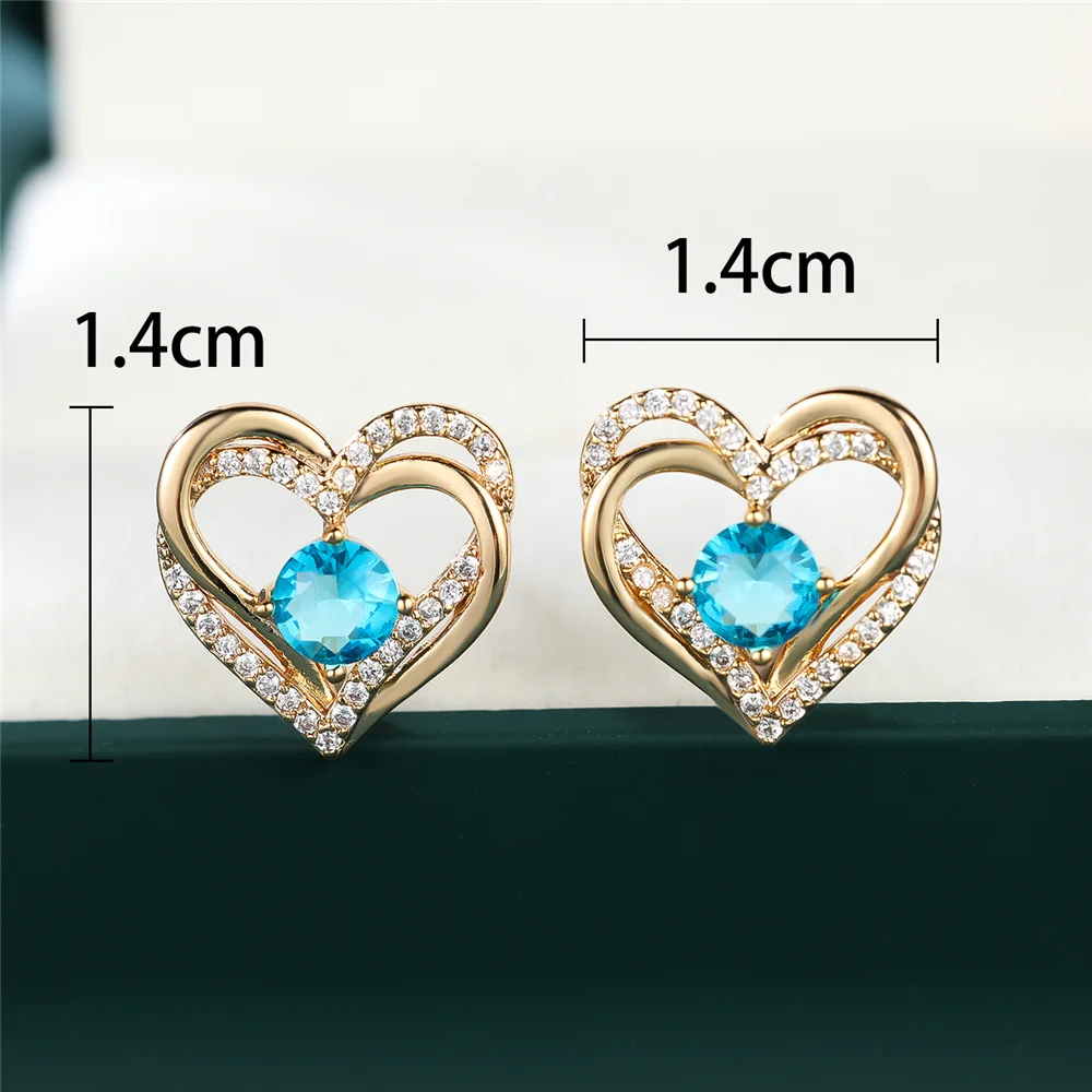 Small Blue Zircon Cut Stone White Love Heart Stud Earrings For Women Gold Color Wedding Jewelry Bridal Engagement Gifts