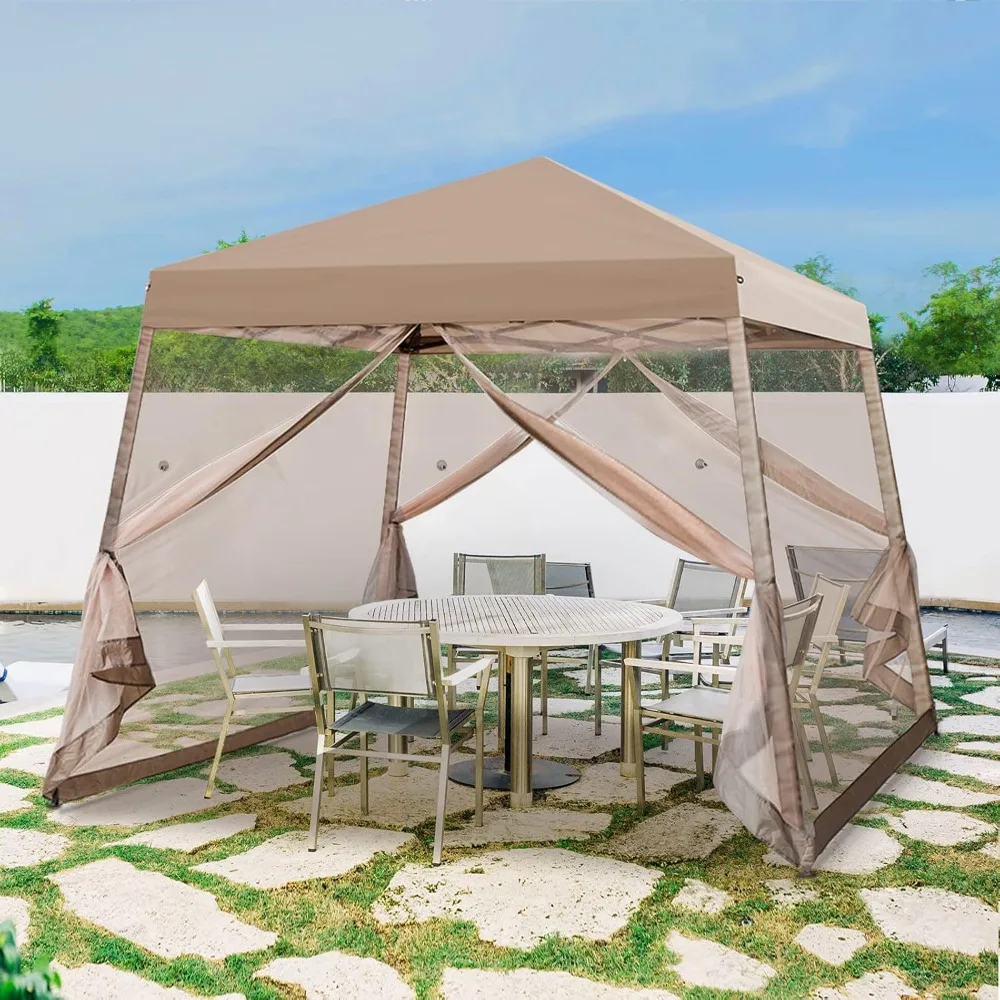 

10x10 Pop up Canopy Tent with Mesh Netting, Slant Leg Instant Screened House Gazebo, Beige, Customized