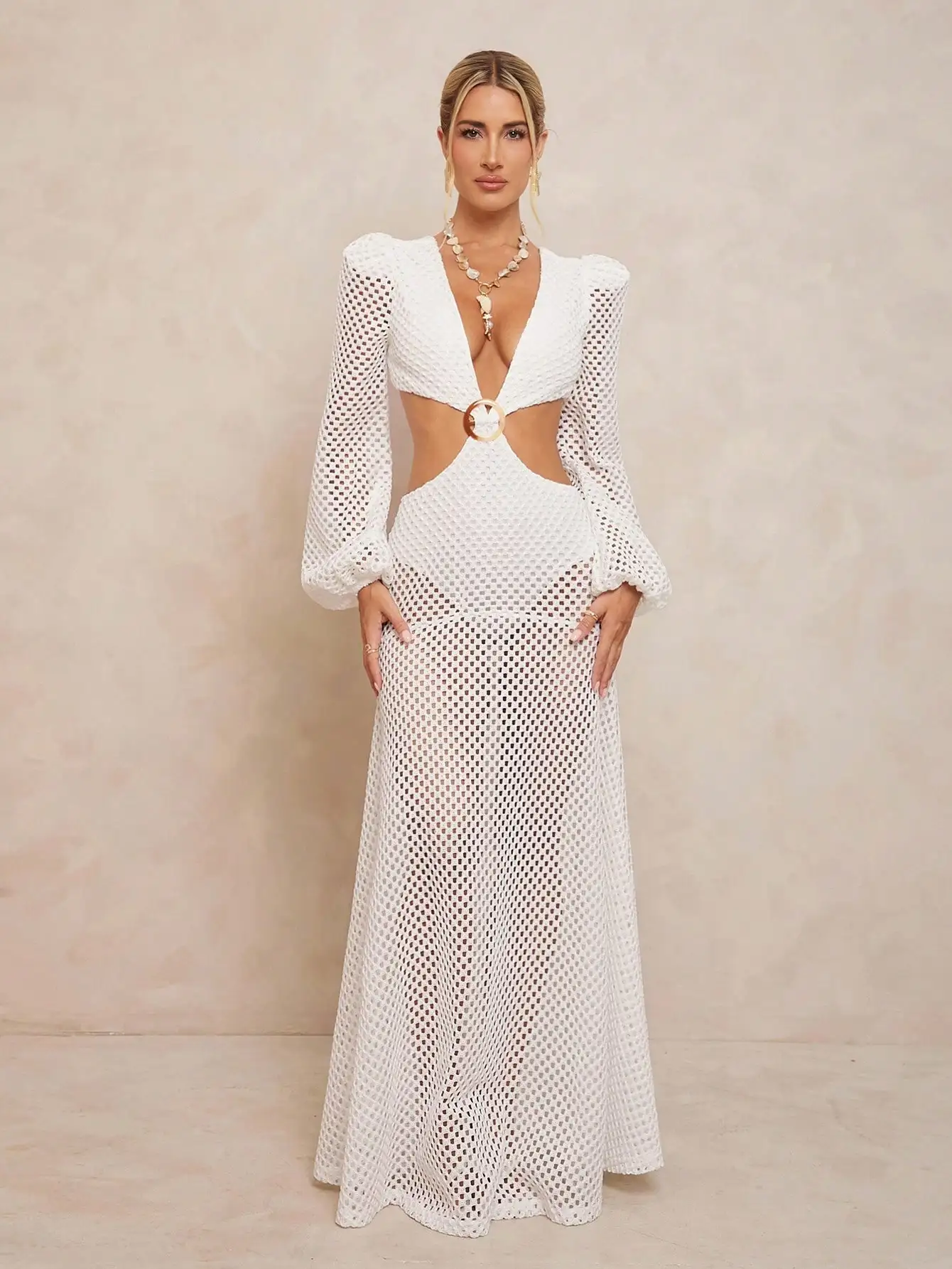 

White Mesh Cut-Out Maxi Dress with Puffed Sleeves and Cinched Waist