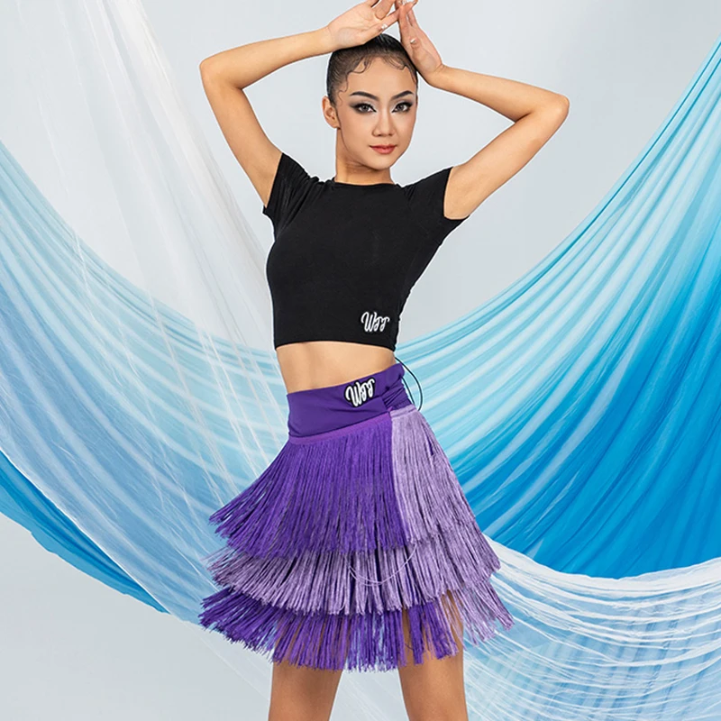 Ropa de baile latino para mujer, bufanda de cadera con borlas, falda azul y púrpura para adultos, ropa de práctica de baile de Rumba y Salsa, DNV19660