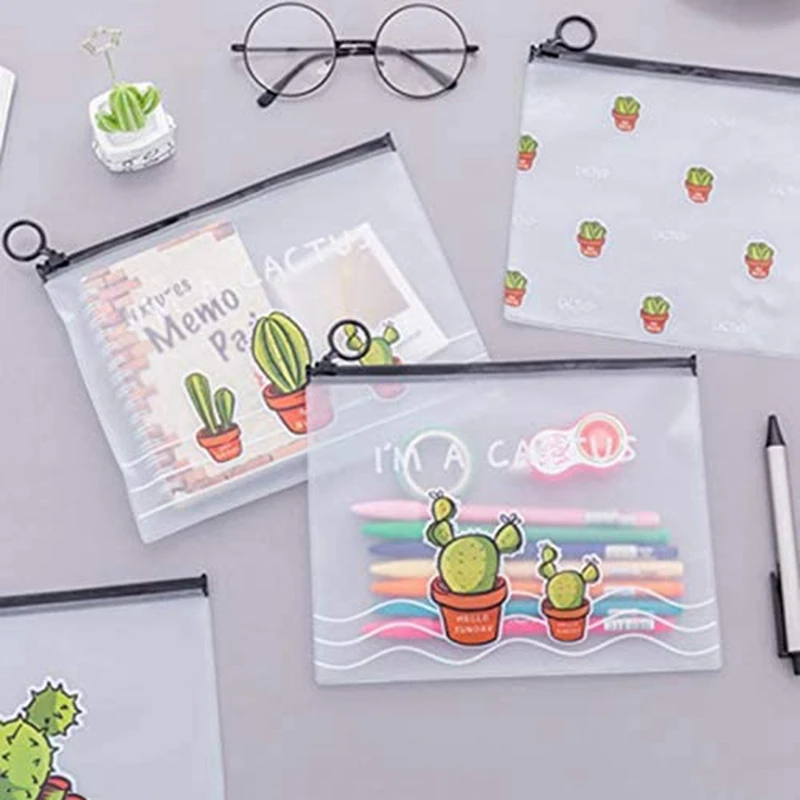 Cute Fresh And Transparent Frosted Cactus Storage Bag Large Capacity Student Stationery Pencil Case-Transparent