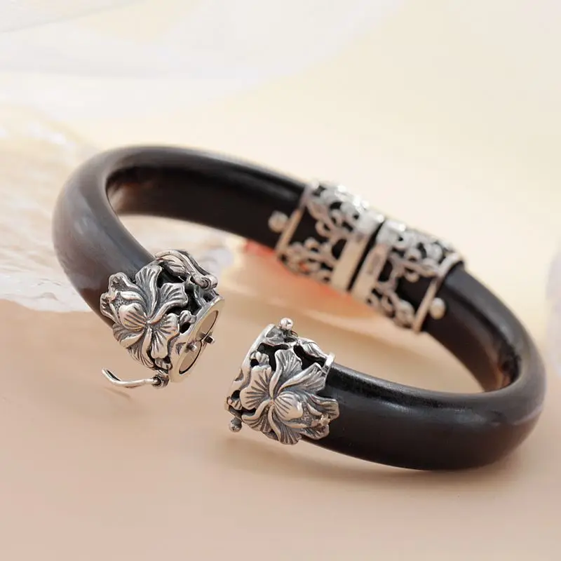 

925 Sterling Silver with Natural Ebony Retro Bracelet Chinese Ethnic Floral Pattern Open Bangle Light Wood Scent Daily Accessory
