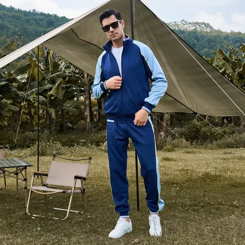 Men's Sports Sets Patchwork Long Sleeve Stand Collar Zipper Jacket Casual Pants Two Piece Set