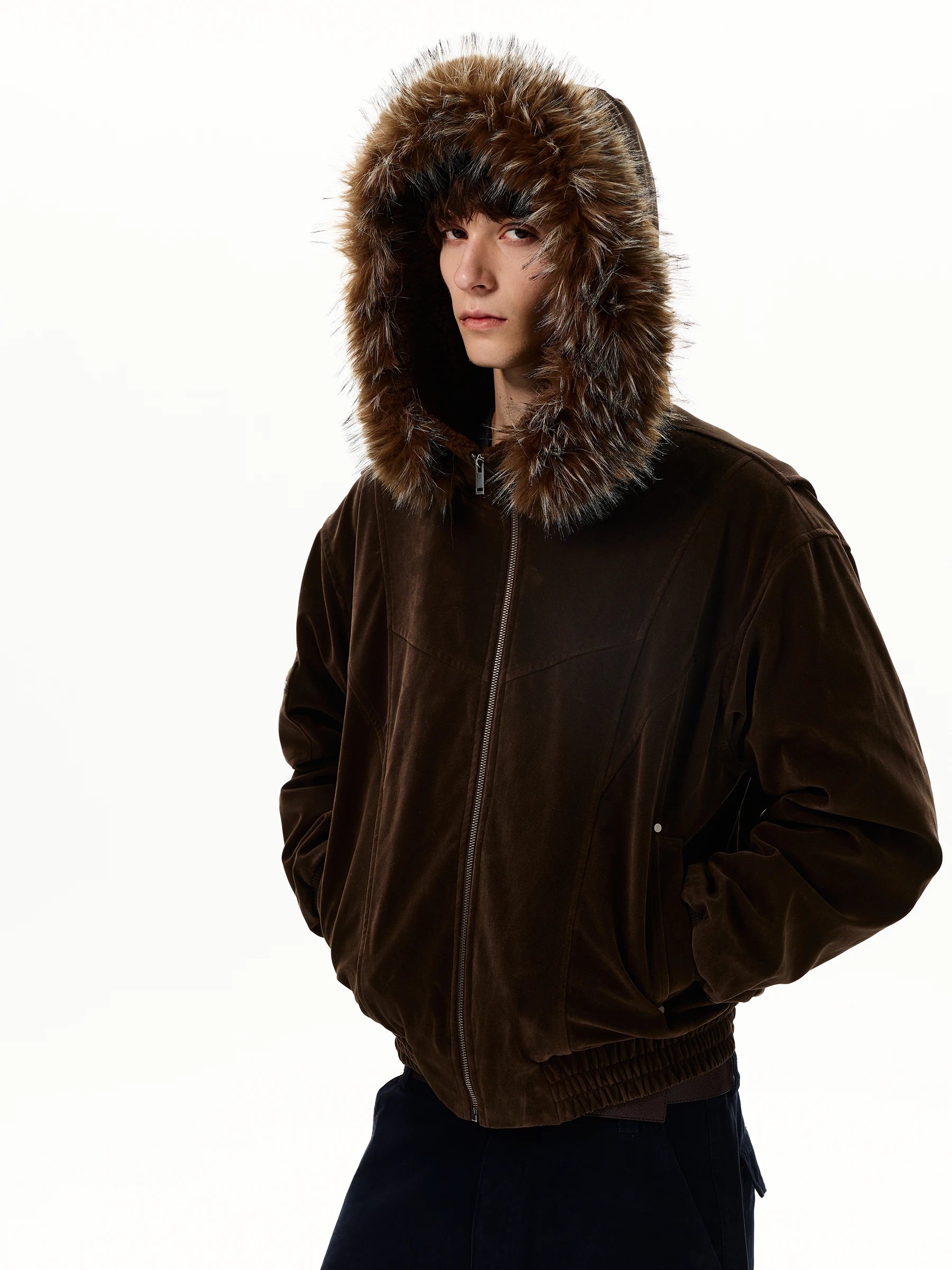 

WLNEXT Мужская замшевая куртка в американском ретро-дизайне с меховым воротником, хлопковое пальто Mountain Eagle, одинаковое пальто для пары, свободная посадка с капюшоном