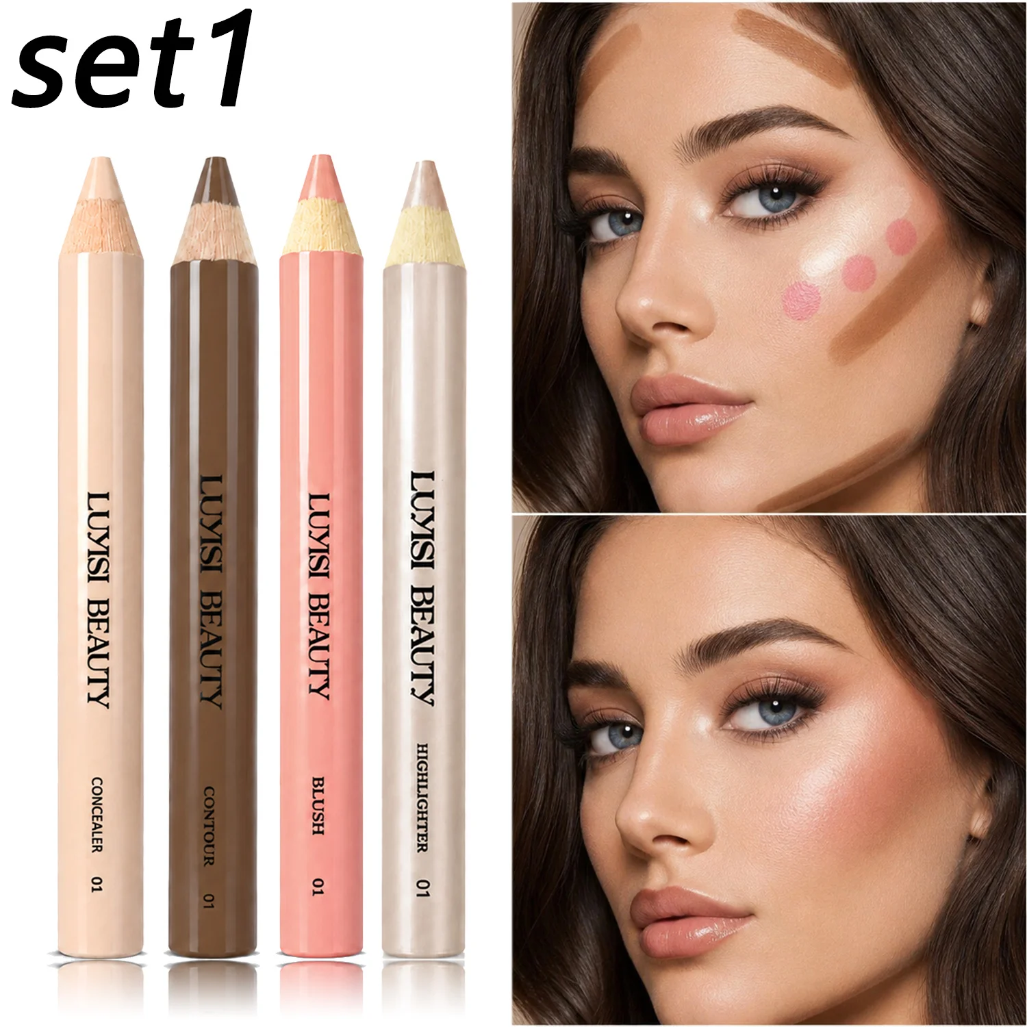 4 Stück/Set Gesichts-Make-up-Stifte, Concealer+Kontur+Rouge+Highlighter, wasserfest, aufbaubare Deckkraft, samtig matt & perlmuttartig glänzend – pflegend.