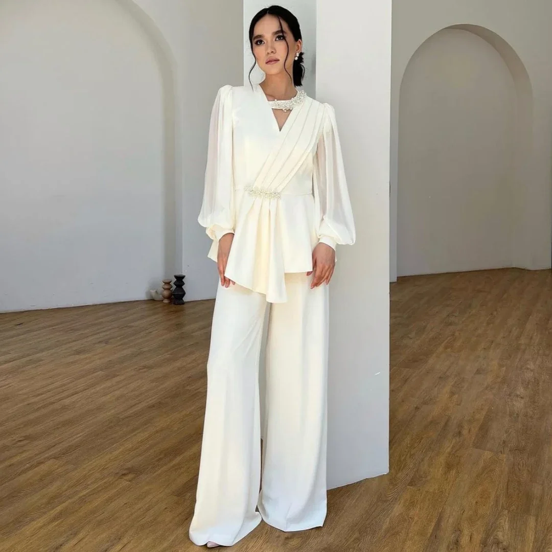 Saudi Arabia Two Pieces Women Evening Dresses Pant Suits Party Gowns Ruched Beaded Long Sleeves Formal Banquet Prom Dresses