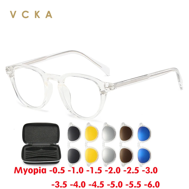 

VCKA 6 In 1 Myopia Sunglasses Men Women Polarized ReadingEyewear Magnetic Clips Custom Round Transparent Glasses Frame -0.5TO-10