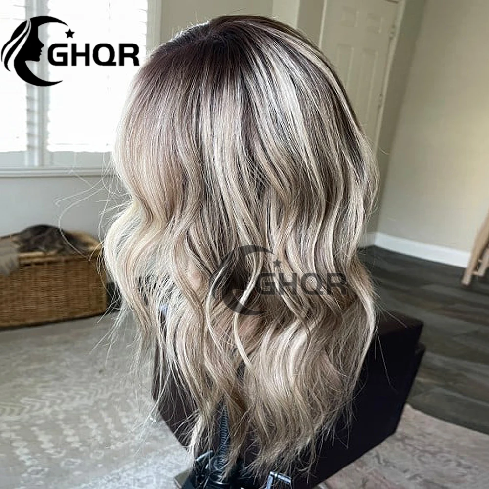 Pelucas de cabello humano con encaje Frontal, accesorio de color marrón ceniza, Rubio, transparente, prearrancado, suizo 360, raíces oscuras