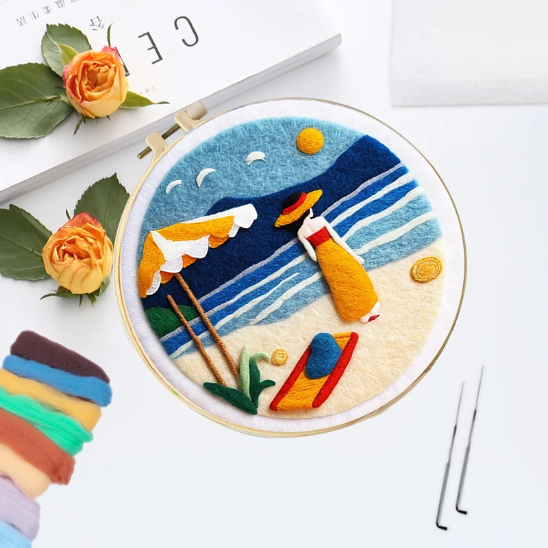 CHENISTORY Needle Felt Starter Set Beach and Sea Felt Painting Kit for Beginners Wool Needle Felt Set Used for Home Decoration