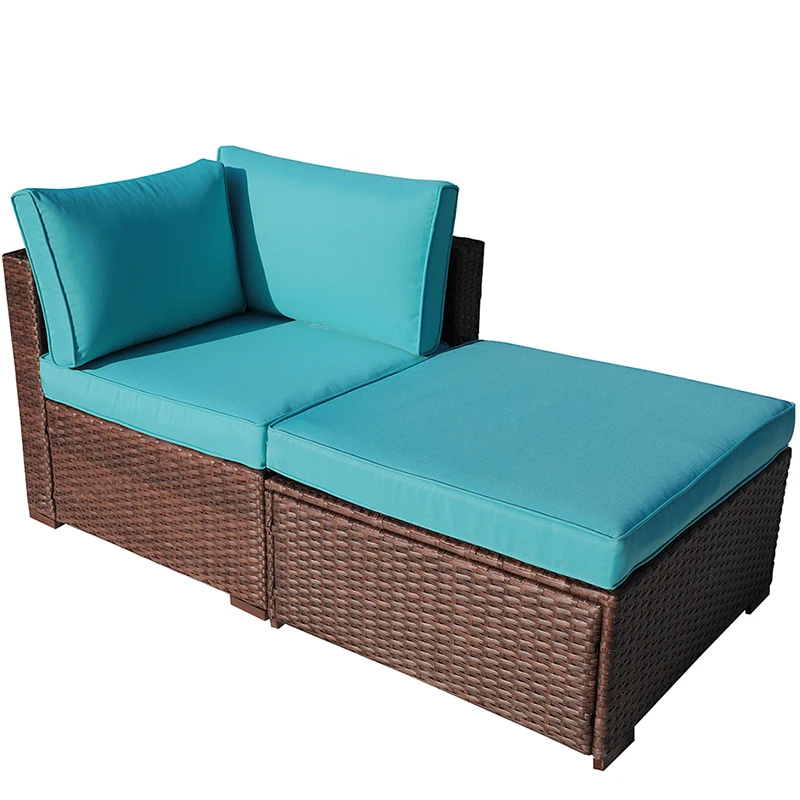 JARDINA 2PCS Outdoor Patio Sectional Furniture Sofa Armchair Wicker Sofa Ottoman with Turquoise Cushion