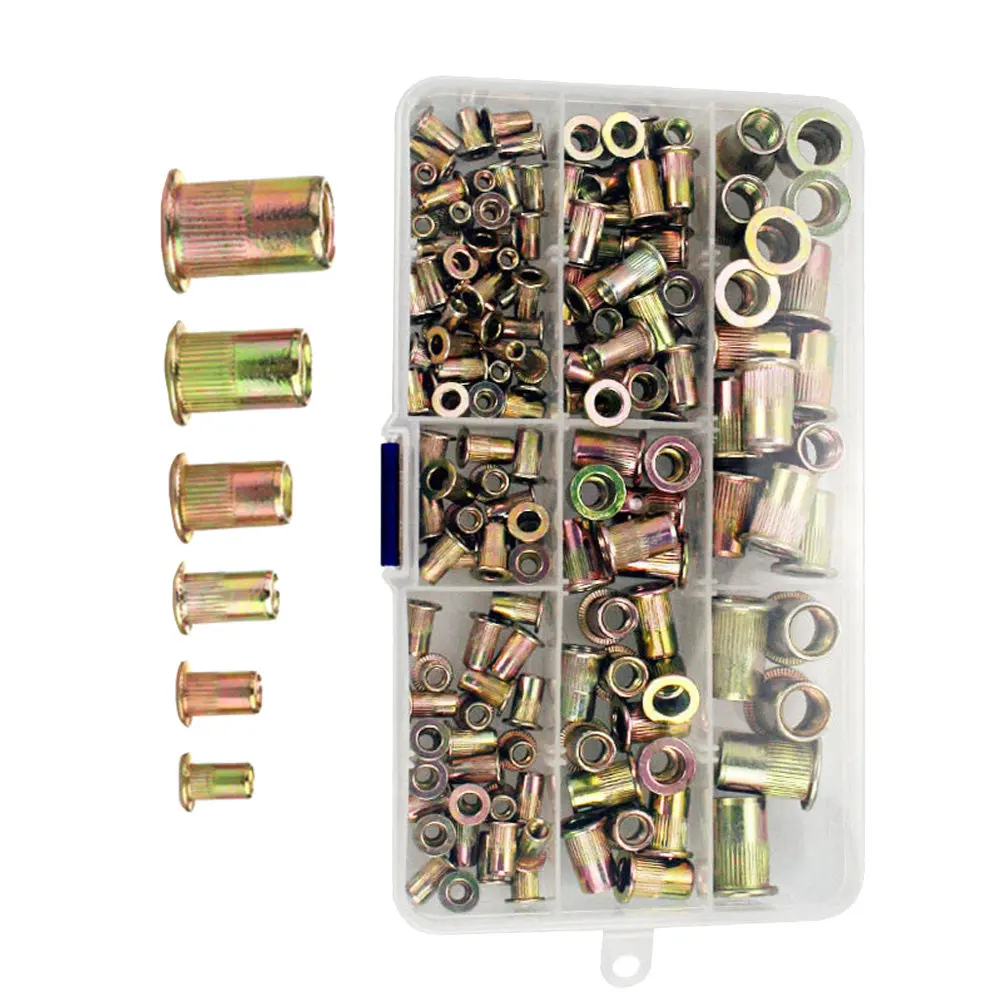 150Pcs Color Zinc Rivet Nut Assortment Flat Head Insert Rivnuts High Efficiency Easy Use No Counterbore Needed for Metal Plastic