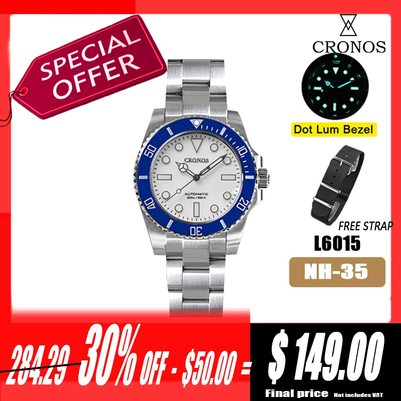 Cronos Diver Men's watches Panda Black & White Date NH35 Ceramic Rotating Bezel 200 meters Water Resistant GlideClasp Man Watch