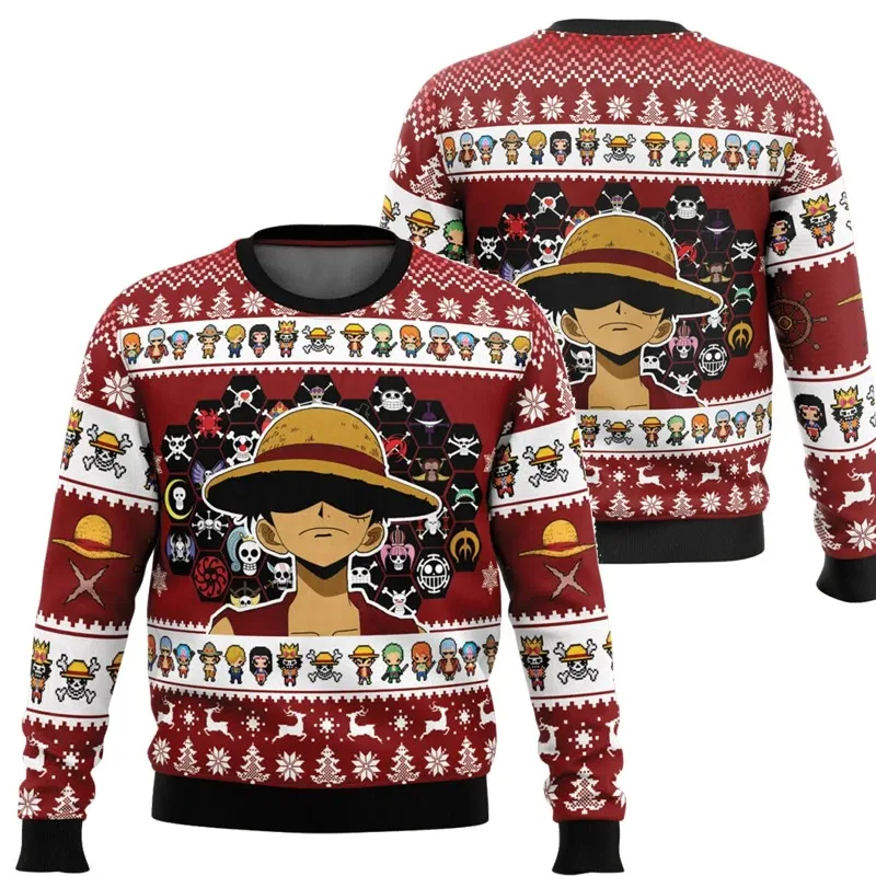 Une pièce Luffy hiver série de noël lame col rond sweat à capuche imprimé Imitation pull tricoté décoratif nécessaire quotidien