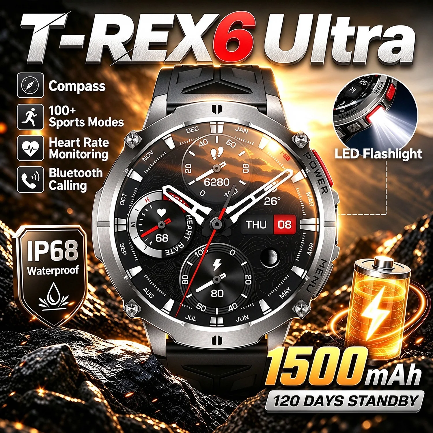 2026 Upgrade T-RX6 1500mAh 120Day Battery Smart Watch 1.7