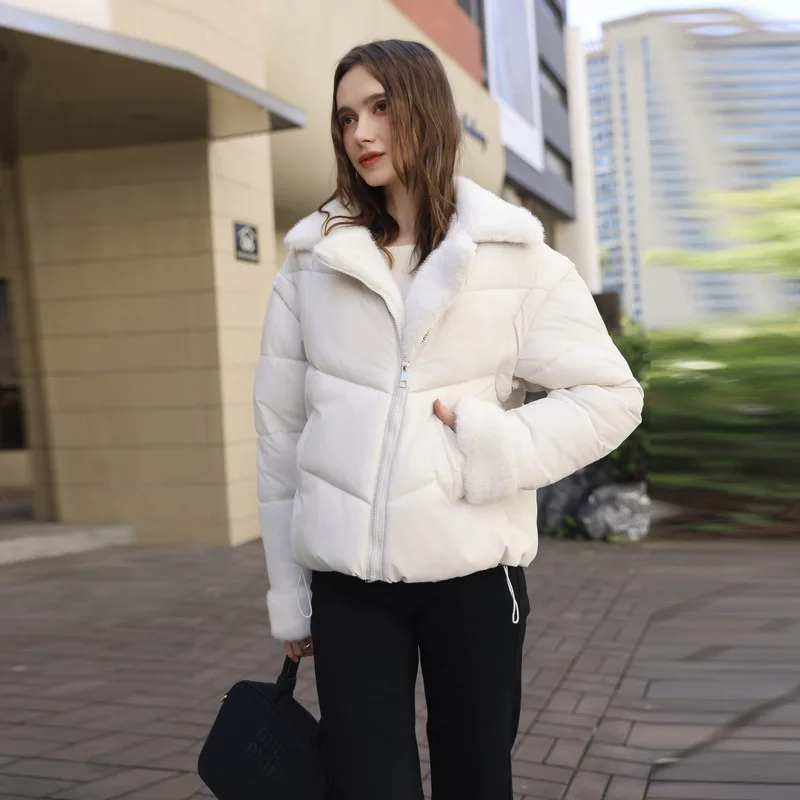 

Parkas Cotton Coat Jacket Women Winter Puffer Overcoat Turn Down Collar Plush Splicing Zipper Windproof Outwear Office Lady