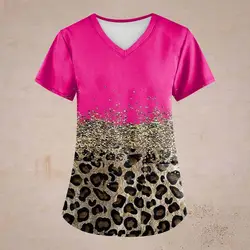 Summer Retro Leopard Printed Scrub Working Uniform Tops For Women Cross V-Neck Short Sleeve Lovely Fun T-Shirts Korean Clothing