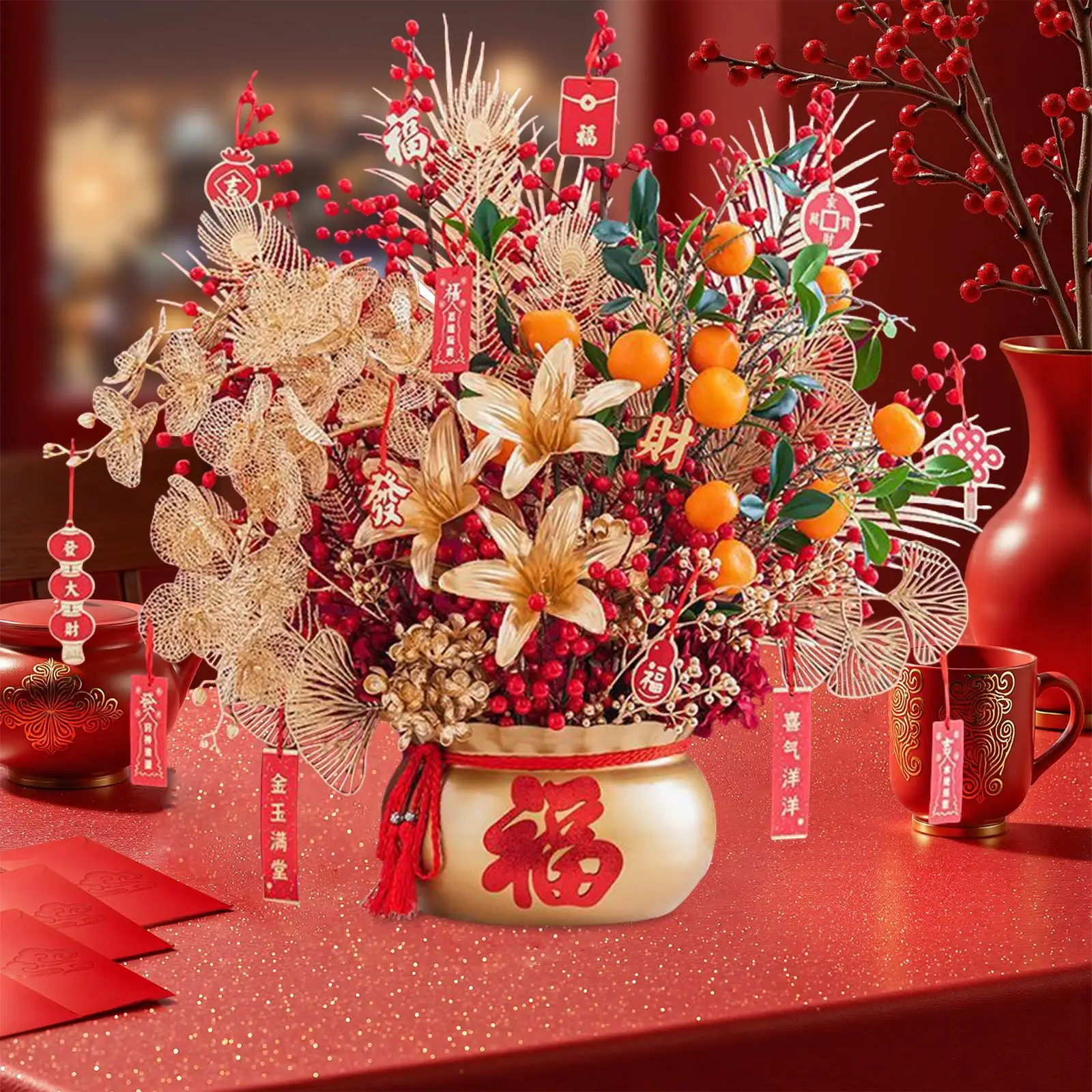 

Artificial Bonsai Lucky Bag Planter Fake Flower Bucket Decorative Table Centerpiece Home Display for Lunar New Year