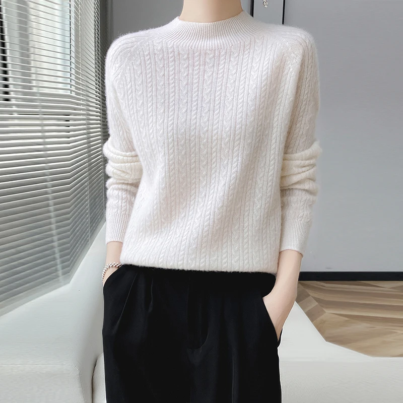 

Korean Fashion Autumn Winter Women Thick Sweater Mock Neck Pullover Twist Flower 100% Merino Wool Soft Warm Cashmere Knitwear