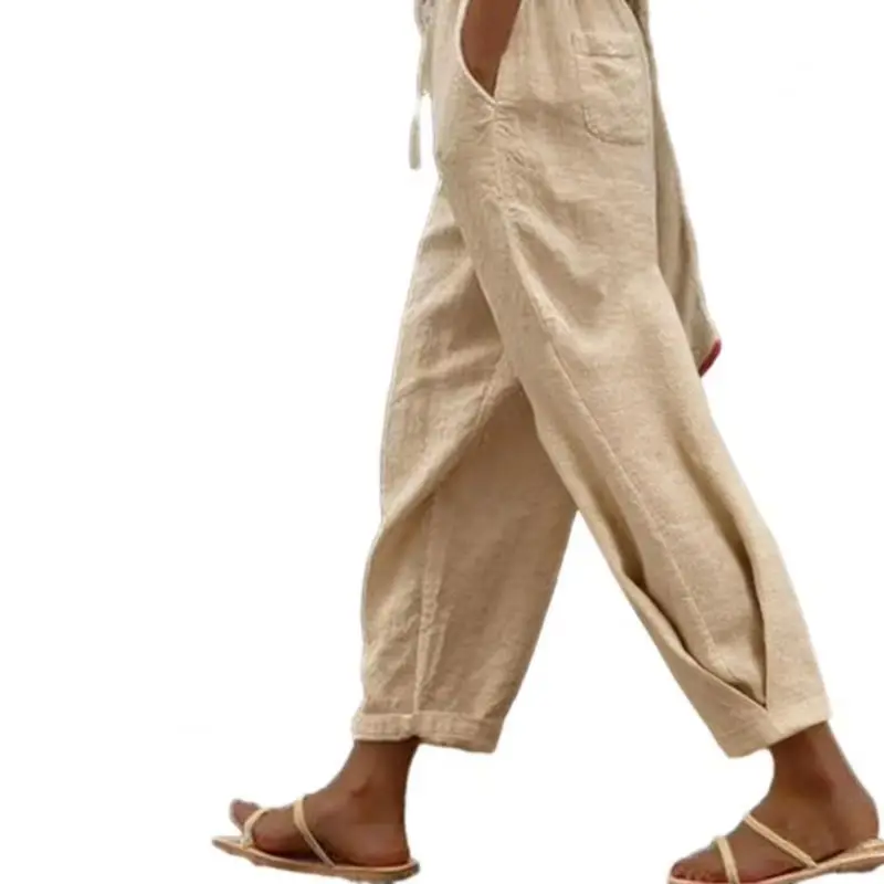 

Women Pants High Waisted Adjustable Drawstring Loose Fit Wide Leg Trousers with Pockets Pure Color Casual Summer Trousers