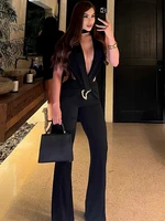 Kliou Sexy Fashion Jumpsuits Woman Deep V-Neck Sleeveless Metal Buckle Ruched Cross Bandage Midnight Prom Party Elegant Overalls - Image 2