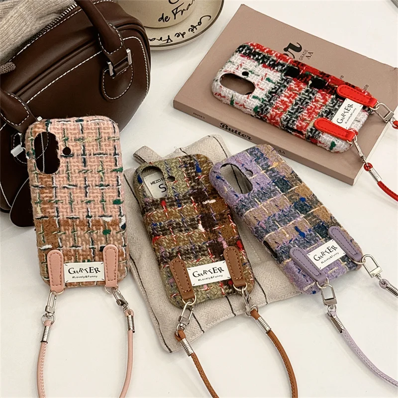 ストラップ付きのカラフルなウールチェック柄の電話ケース、iphone 16 pro、14、13、15、pro max、apple 16、15、ぬいぐるみ用の柔らかいファブリックケース