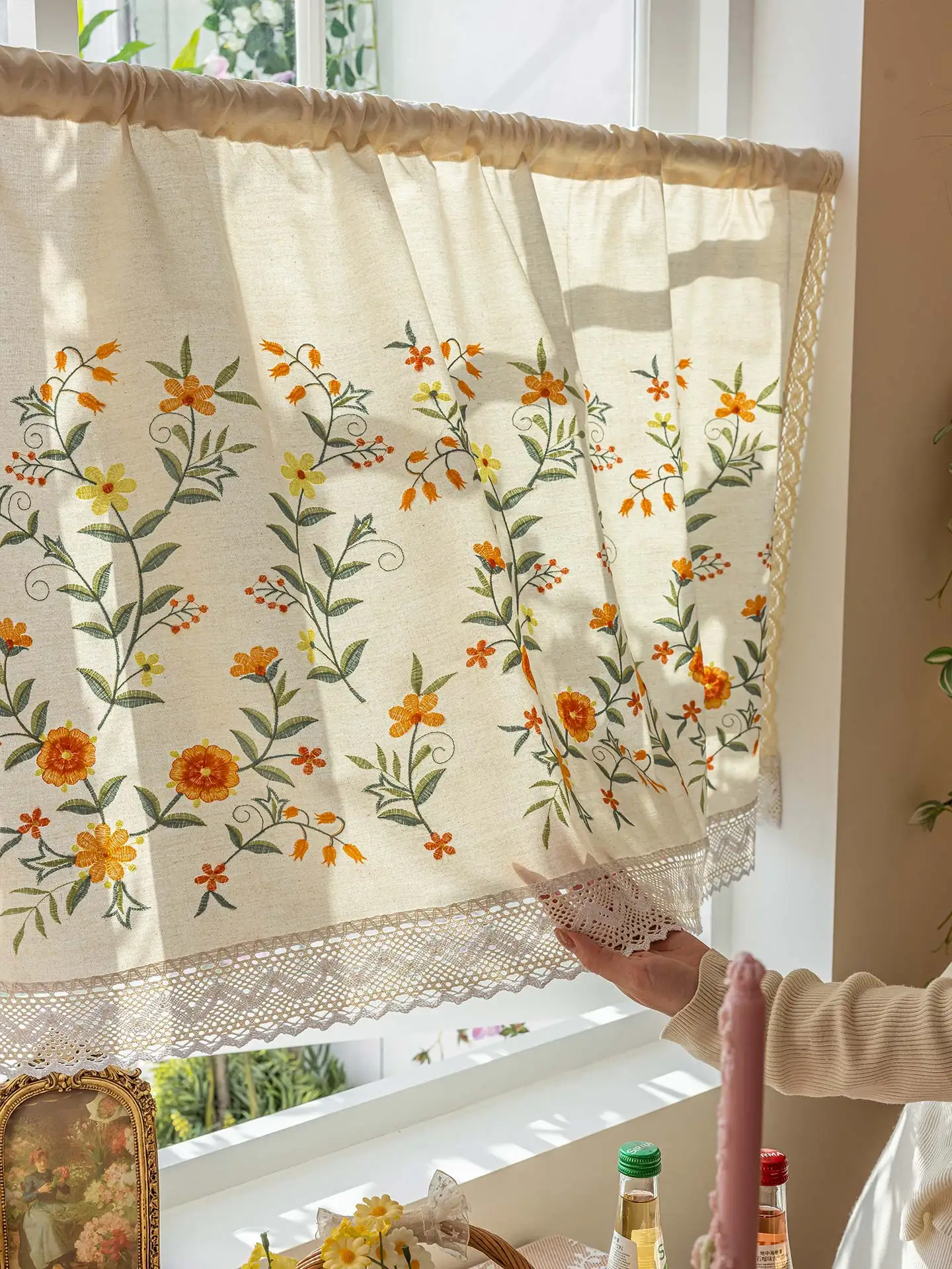 American Country Style Kitchen Cabinet Screen Partition Privacy Curtain Short Blind Fabric Door Curtain Home Decorative Split