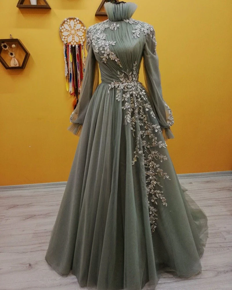 

Long Sleeve Moroccan Caftan Muslim Evening Dresses High Neck A Line Formal Party Ball Gown Tulle Appliques Prom Robe De Soiree